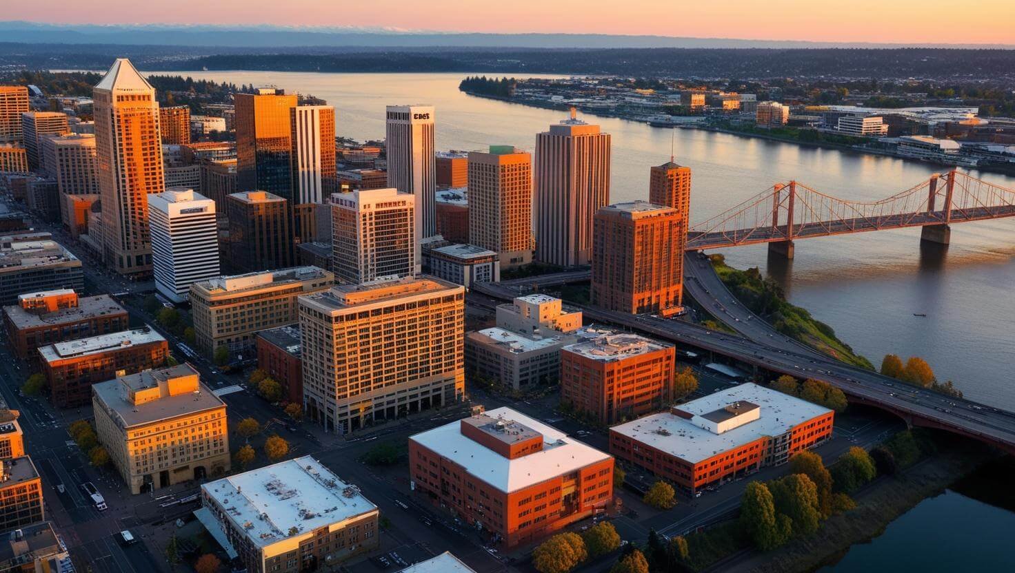 an engaging sunset aerial view of Portland OR