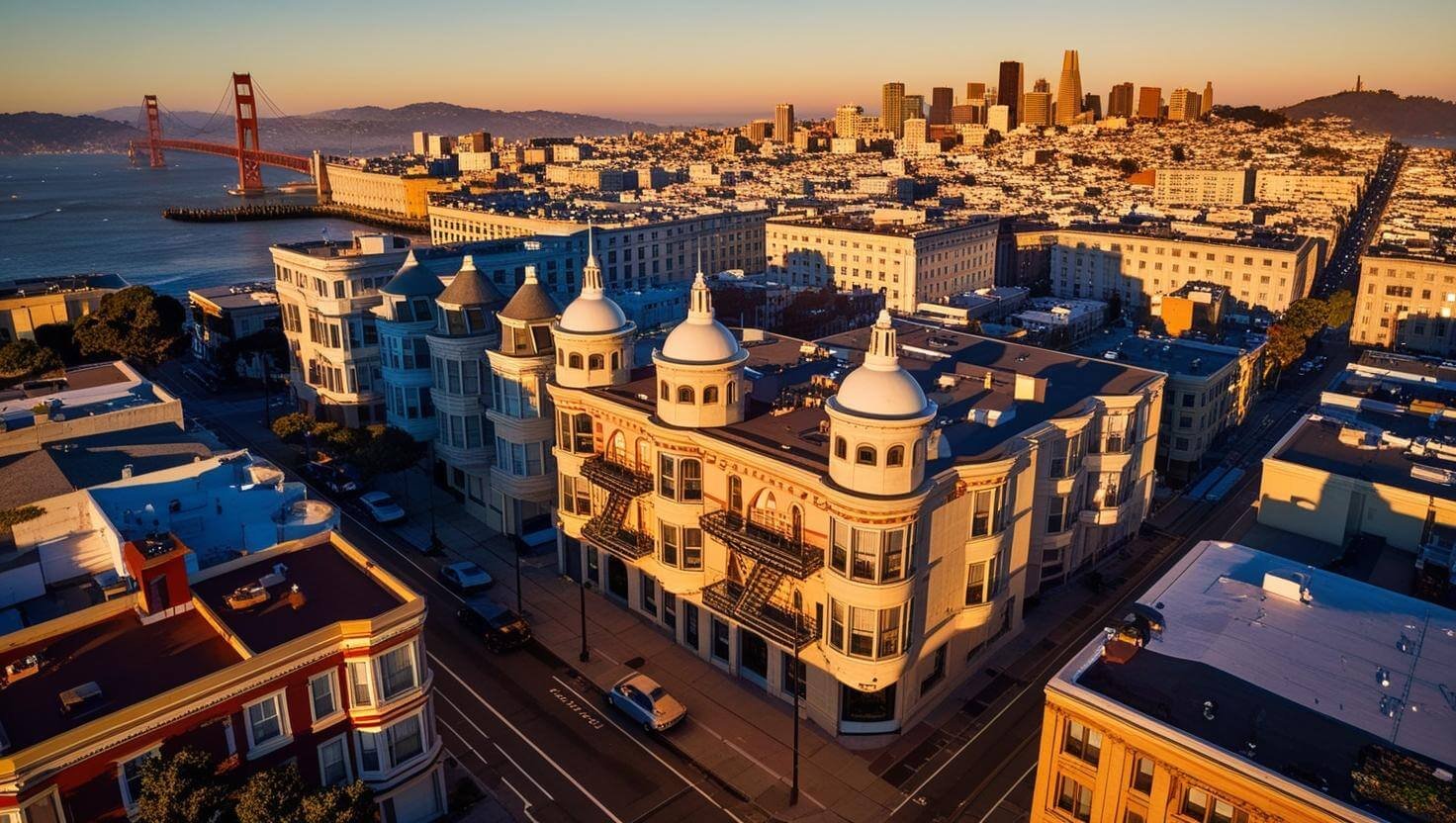 an engaging sunset aerial view of San Francisco CA