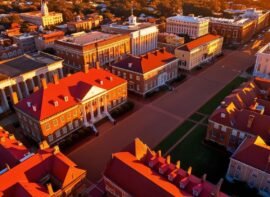 an engaging sunset aerial view of Savannah GA