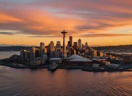 an engaging sunset aerial view of Seattle WA