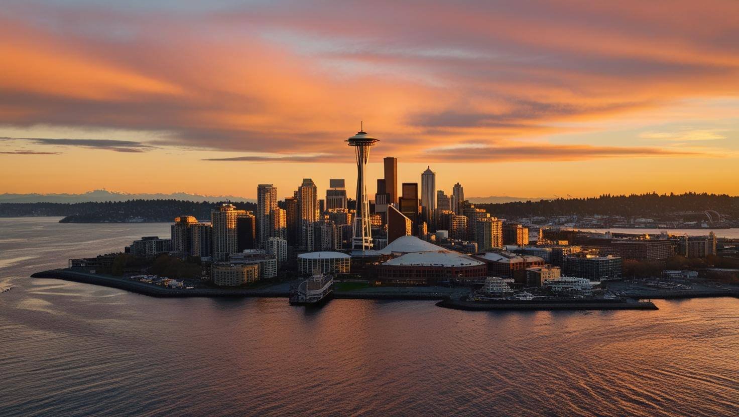 an engaging sunset aerial view of Seattle WA