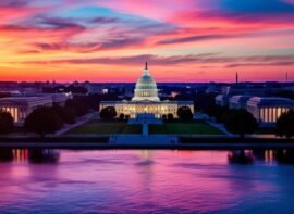 an engaging sunset aerial view of Washington DC