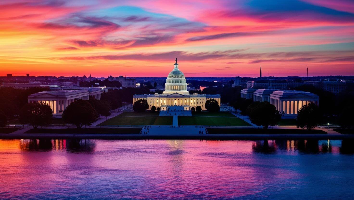 an engaging sunset aerial view of Washington DC