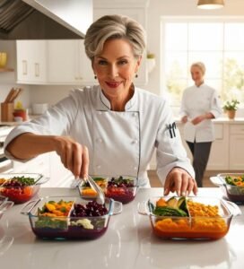 A moment captured as the chef gently stirs a vibrant vegetable stew, her workspace showcasing order and professionalism.