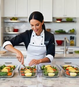 lady Personal chef in a busy modern home kitchen portion controlled pyrex meals