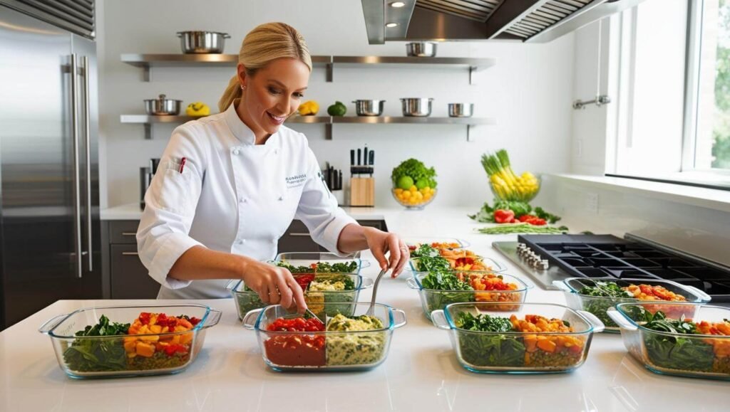 The chef balances precision and flair as she sautés fresh vegetables in a polished stainless-steel pan.