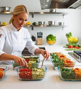 The chef balances precision and flair as she sautés fresh vegetables in a polished stainless-steel pan.