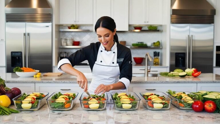 lady Personal chef in a busy modern home kitchen portion controlled pyrex meals