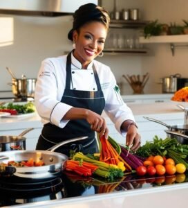 Captured mid-motion, she sautés garlic in a stainless pan, an artful dance of creativity and healthfulness.