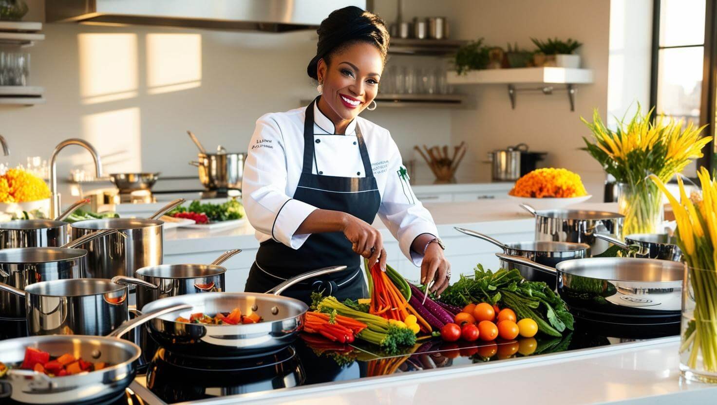 Captured mid-motion, she sautés garlic in a stainless pan, an artful dance of creativity and healthfulness.
