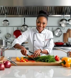 A view from behind captures her stirring a pot of broth while roasted veggies are cooling on the counter nearby.
