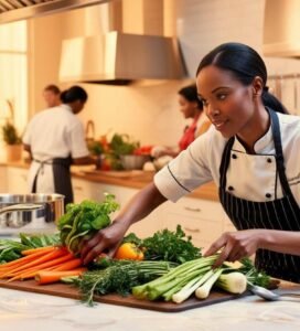 A soft glow highlights her as she balances bowls of roasted vegetables alongside steaming rice pots.
