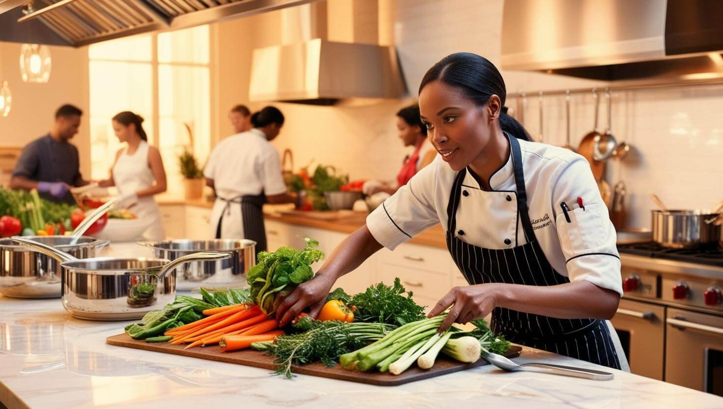 A soft glow highlights her as she balances bowls of roasted vegetables alongside steaming rice pots.