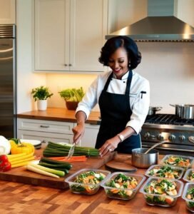 A skilled personal chef in a sleek modern kitchen, stirring a simmering pot on the stove as she prepares healthy, portioned meals.