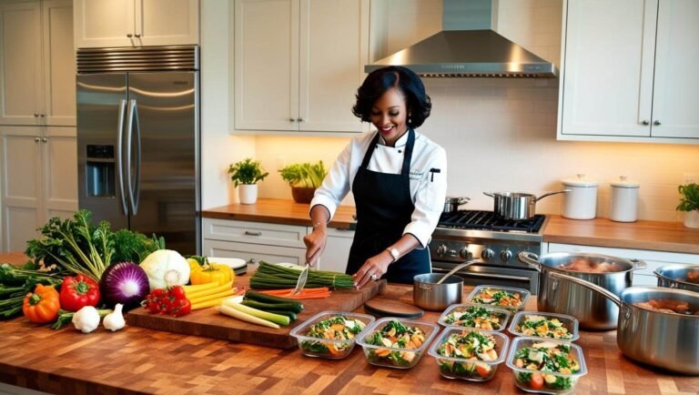 A skilled personal chef in a sleek modern kitchen, stirring a simmering pot on the stove as she prepares healthy, portioned meals.