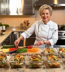 lady personal chef busy cooking in a modern home kitchen with pots and pans on the stove, pyrex containers with portioned meals cooling on the counter (1)