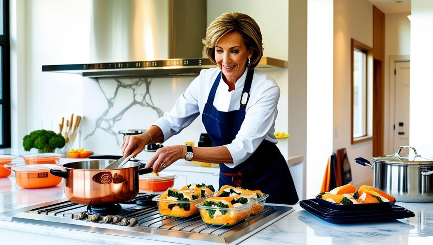 A lady chef focused on her craft, neatly portioning colorful, nourishing meals on the glossy kitchen countertop.