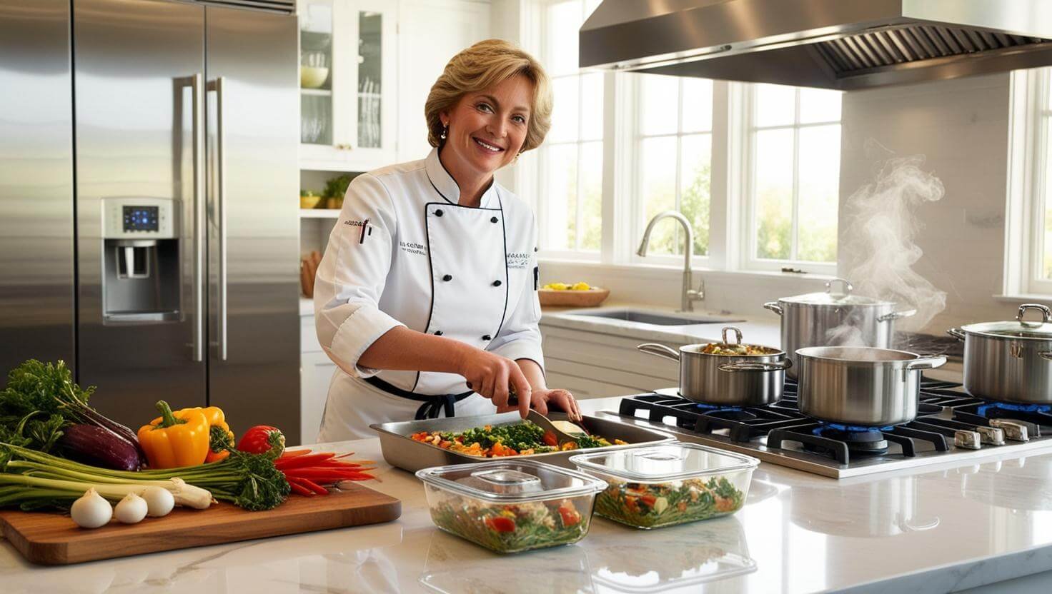 A skilled personal chef in a sleek modern kitchen, stirring a simmering pot on the stove as she prepares healthy, portioned meals.