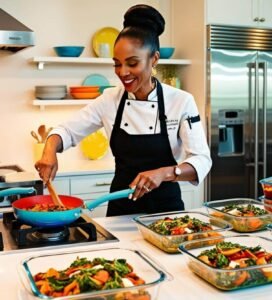 A beautiful balance of precision and creativity as she adjusts seasoning for her individually prepped dishes.