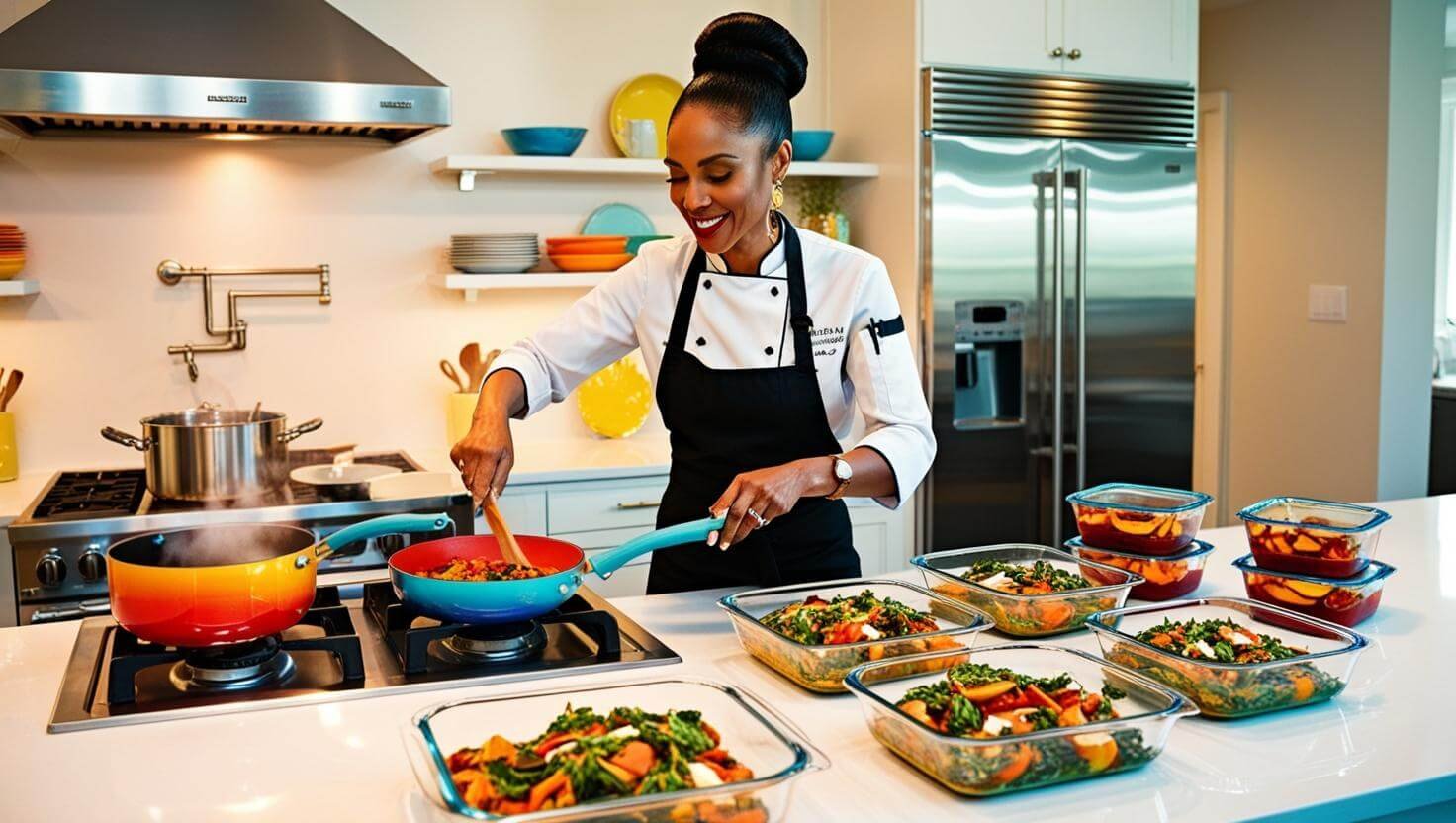 A beautiful balance of precision and creativity as she adjusts seasoning for her individually prepped dishes.