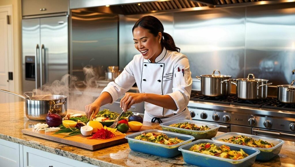 lady personal chef busy cooking in a modern home kitchen with pots and pans on the stove, pyrex containers with portioned meals cooling on the counter (2)