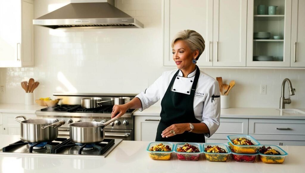 A skilled personal chef in a sleek modern kitchen, stirring a simmering pot on the stove as she prepares healthy, portioned meals.