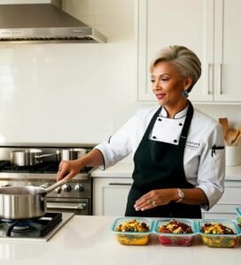 A skilled personal chef in a sleek modern kitchen, stirring a simmering pot on the stove as she prepares healthy, portioned meals.