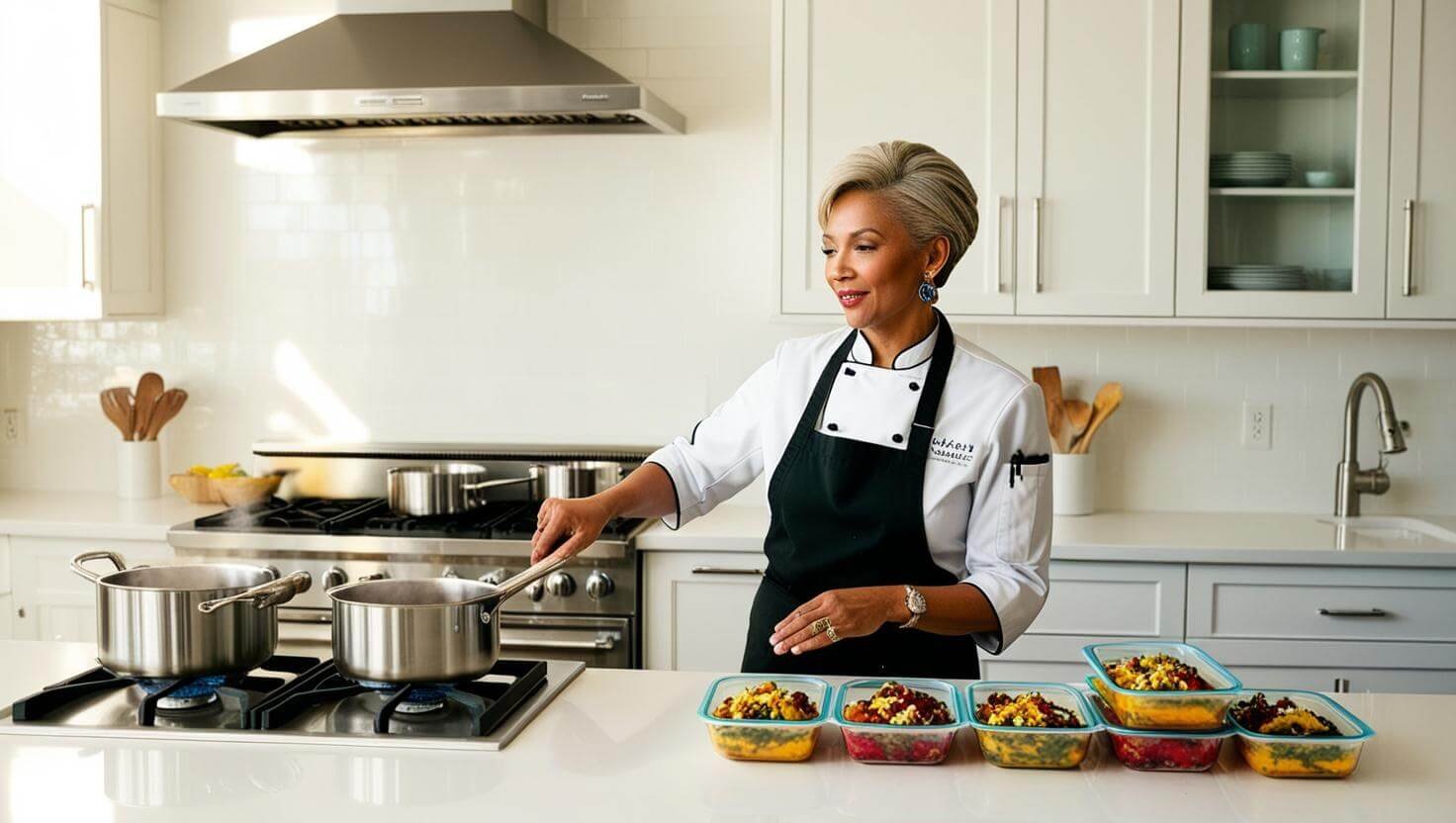 A skilled personal chef in a sleek modern kitchen, stirring a simmering pot on the stove as she prepares healthy, portioned meals.