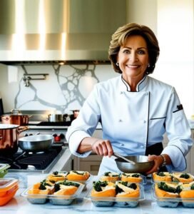 A lady chef focused on her craft, neatly portioning colorful, nourishing meals on the glossy kitchen countertop.