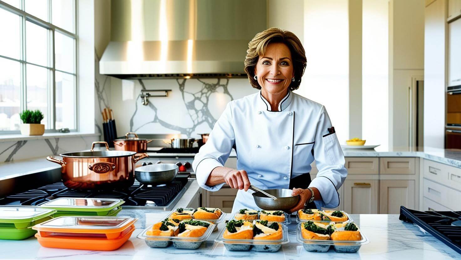 A lady chef focused on her craft, neatly portioning colorful, nourishing meals on the glossy kitchen countertop.