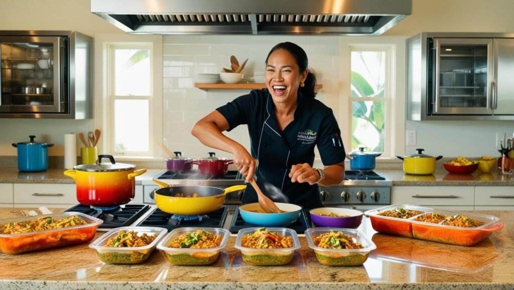 lady personal chef busy cooking in a modern home kitchen with pots and pans on the stove, pyrex containers with portioned meals cooling on the counter (6)