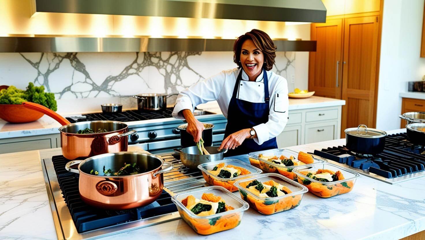 A lady chef focused on her craft, neatly portioning colorful, nourishing meals on the glossy kitchen countertop.