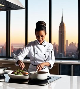 The professional chef moving with precision, storing meals into individually portioned containers for her clients.