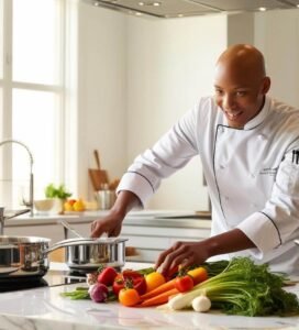 The chef adds finishing touches to his meal prep containers as a pot of soup bubbles gently on the stove behind him.