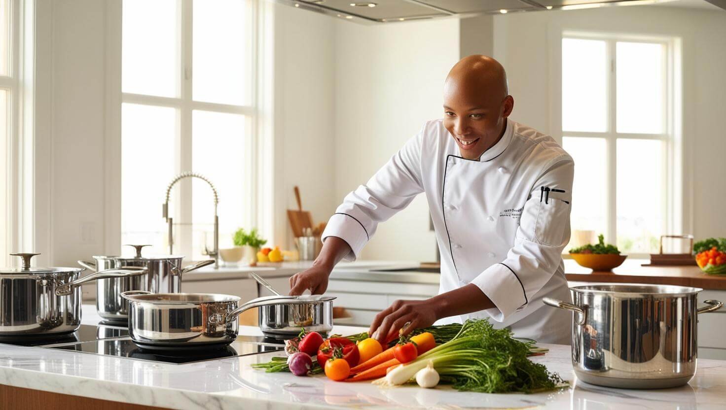 The chef adds finishing touches to his meal prep containers as a pot of soup bubbles gently on the stove behind him.