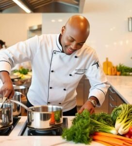 A chef’s deft hands at work, tossing sautéed greens in a wok, framed by the clean lines of her modern kitchen.