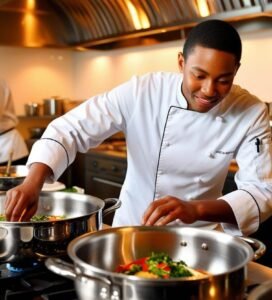 A chef’s deft hands at work, tossing sautéed greens in a wok, framed by the clean lines of her modern kitchen.