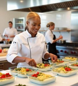 A skilled personal chef in a sleek modern kitchen, stirring a simmering pot on the stove as she prepares healthy, portioned meals.