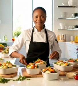 Wearing a crisp black apron, the chef carefully seasons a steaming pot filled with wholesome ingredients.