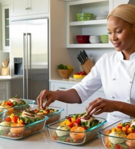 A lady chef focused on her craft, neatly portioning colorful, nourishing meals on the glossy kitchen countertop.