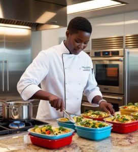 A soft glow highlights her as she balances bowls of roasted vegetables alongside steaming rice pots.