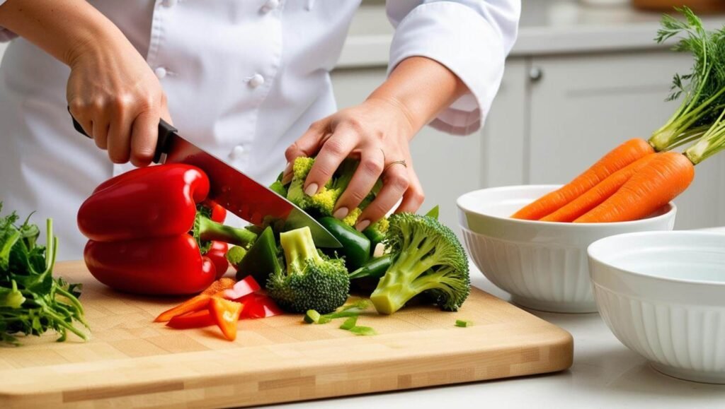 personal chef busy prepping vegetables on a cutting board into separate bowls (1)