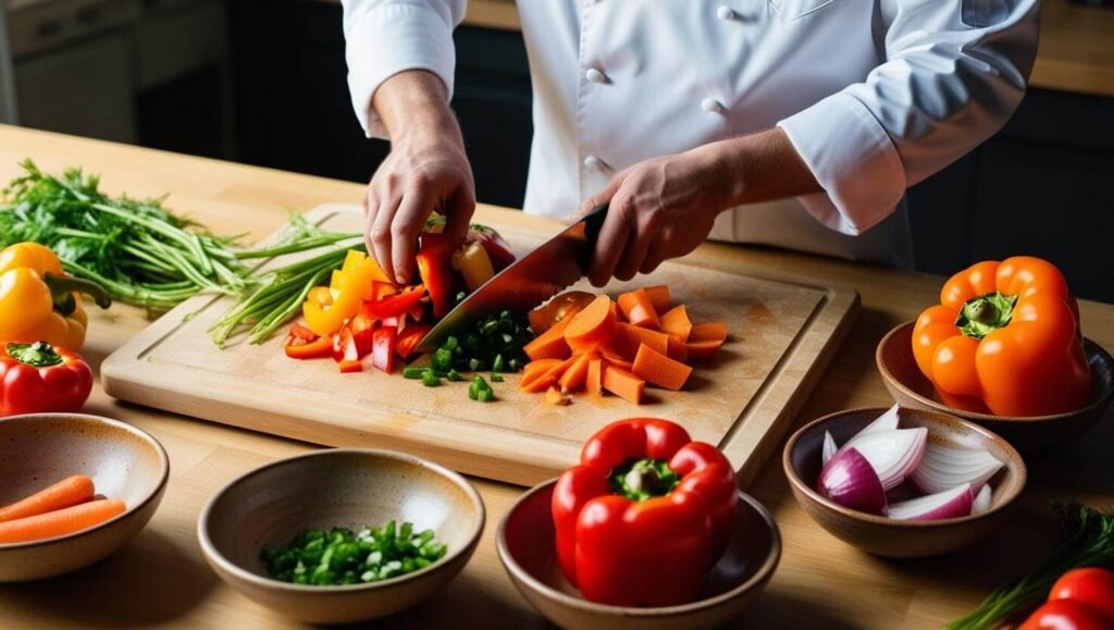 personal chef busy prepping vegetables on a cutting board into separate bowls