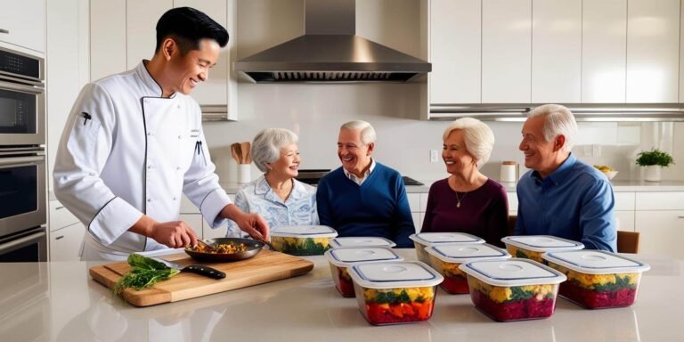 personal chef cooking in a modern kitchen for seniors sitting at a kitchen table, organized pyrex containers with portioned meals inside on the countertop cooling (3)