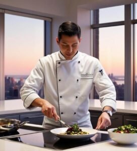 personal chef cooking in a modern kitchen with Empire State Building in the background through a window (1)