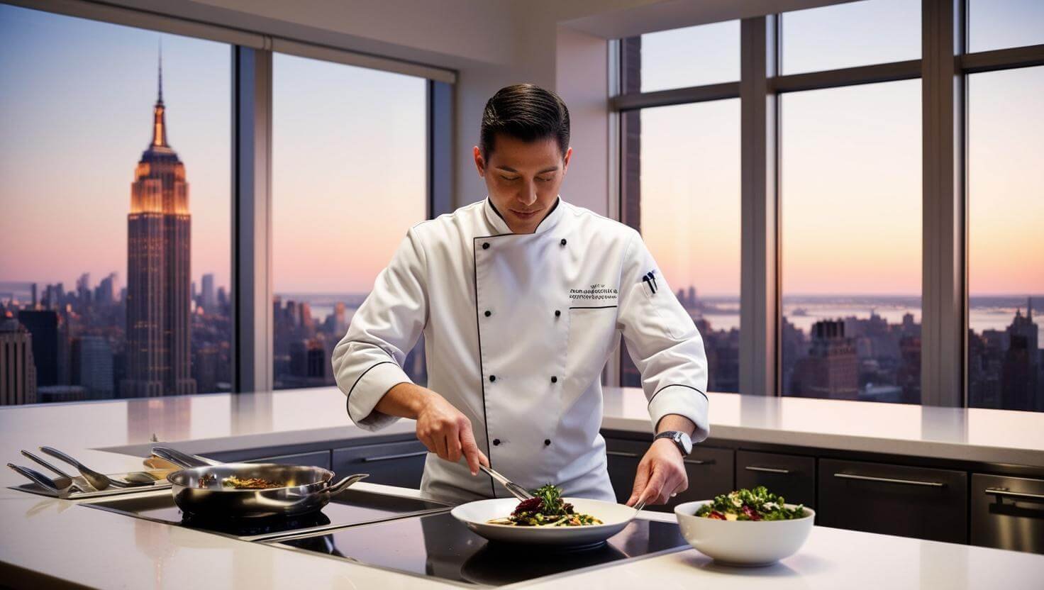 personal chef cooking in a modern kitchen with Empire State Building in the background through a window (1)