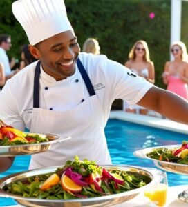 personal chef serving food from catering trays at a fun pool party (1)