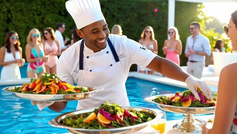 personal chef serving food from catering trays at a fun pool party (1)