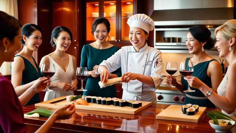 personal chef teaching a group of ladies how to roll sushi and sip wine