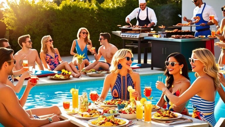 pool party with guests enjoying food and beverages chef cooking on bbq in background (1)